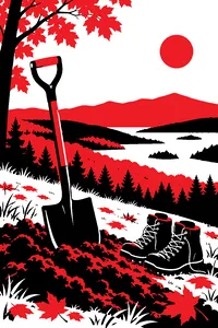A shovel and a pair of hiking boots by a freshly turned patch of earth on an autumn Vermont hillside.