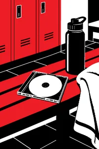 A blank disc in a clear jewel case resting on a gym locker-room bench beside a water bottle and a towel.