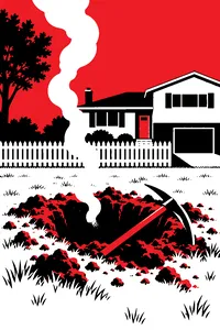 A pickaxe lying in a smoking hole in a suburban lawn, a picket fence and a split-level house behind it.