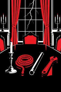 A candlestick, a rope, a lead pipe and a wrench laid out on a mansion dining table during a thunderstorm.