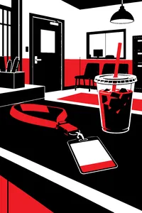 An airport security badge lanyard on a police station counter next to a cold cup of coffee.