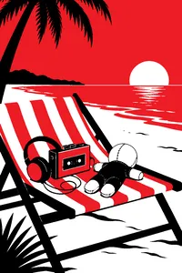 A portable cassette player with headphones resting on a tropical beach chair, a voodoo doll beside it.