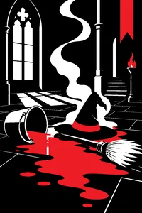 A tipped-over bucket beside a spreading puddle on a castle floor, a pointed black hat and a broom lying in it, smoke curling up.