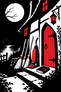 Three broomsticks and an upright vacuum cleaner parked outside a crooked Salem cottage, a clasped leather spell book on the doorstep under a full moon.