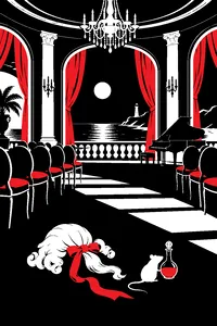 An empty seaside hotel ballroom with rows of chairs, a dropped wig on the floor and a small white mouse beside a potion bottle.