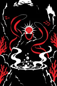 A dark undersea grotto with a cauldron of bubbling water, two eels coiled around a rock and a glowing seashell necklace.
