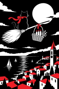 A broom with a bow tied to it carrying a wicker basket over a seaside clock-tower town, a black cat sitting on the bristles.