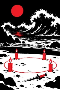 Four candles burning in a circle on a beach at night, a dagger lying in the sand and huge waves rising behind.