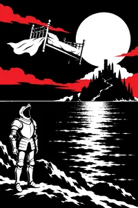 A brass bed flying over a moonlit sea toward an island, an empty suit of medieval armor standing on the shore below.