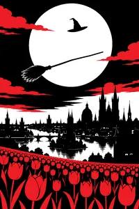 A pointed black hat and a broom suspended high in the air above a towering city skyline, a field of tulips far below.