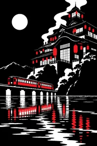 A towering Japanese bathhouse lit by lanterns at night, a lone train crossing shallow water in front of it.