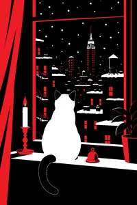 A Siamese cat sitting beside a lit candle and a small bell on a Manhattan apartment windowsill, snowy rooftops outside.