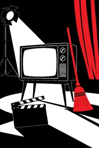 A vintage television set on an empty soundstage, a broom propped against it and a blank film clapperboard on the floor.
