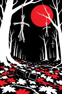 Twig effigies hanging from bare trees in a dark forest, a dropped camcorder in the leaves below.