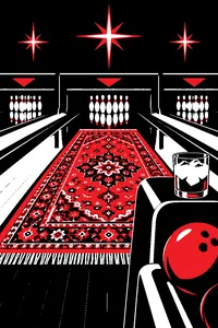 A worn Persian rug laid across a bowling lane under neon stars, a white russian in a lowball glass resting on the ball return.