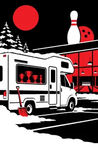 A motor home parked outside a bowling center in winter, a snow shovel leaning against it and a row of trophies visible through its window.