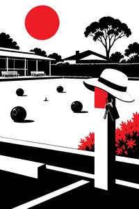 A manicured lawn bowls green in suburban Australia, a white sun hat and a set of keys on a reserved parking post at its edge.