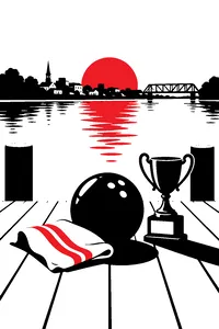 A bowling ball resting on a riverside dock in a small Midwestern town at dawn, a towel and a trophy beside it.