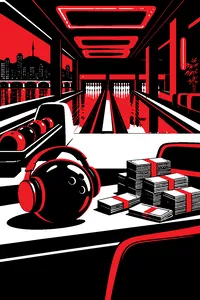 A neon-lit underground bowling alley in Seoul with stacks of cash on the scorer's table and a single headphone set on a ball.