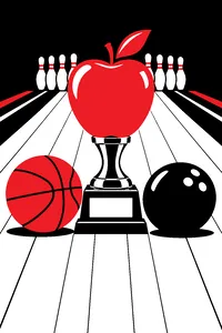 A giant shiny apple trophy on a bowling lane, a basketball and a bowling ball sitting on either side of it.