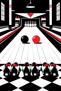 A black-and-white 1930s bowling alley with two balls rolling side by side down one lane and a row of tap shoes on the floor.
