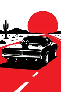 A purple bowling ball with no lane in sight, sitting on the hood of a stolen classic muscle car on a desert road.