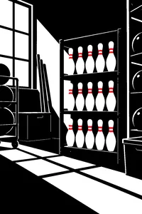 A rack of bowling pins in a high school gym storage room, lit by a single window, quiet and still.