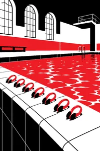 A row of seven nose clips laid out on the tiled edge of an old municipal swimming pool, chlorine-blue water glowing below.