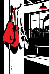 A pair of boxing gloves and a pair of ballet slippers hanging from the same hook in a drafty community hall, coal heaps visible through the window.