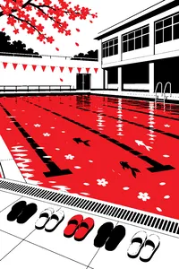 A school swimming pool with a few floating fish, five pairs of sandals lined up neatly on the deck, cherry blossoms drifting on the water.