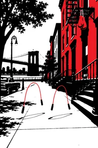 Two long jump ropes mid-swing over a Brooklyn sidewalk, a pair of boxing gloves hanging from a nearby fire escape.