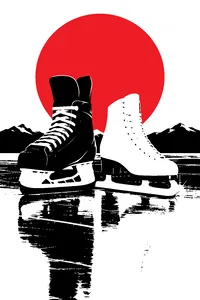 A hockey skate and a white figure skate side by side on the ice, the toe pick of the figure skate catching the light.