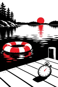 An inflatable pool ring floating alone in a Swedish lake at midsummer, a stopwatch resting on the wooden dock.