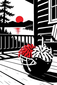 A pair of pom-poms resting inside an upturned football helmet on a camp cabin porch.