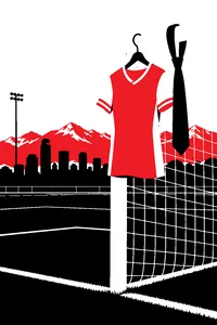 A red and white girls' soccer jersey hanging on a goalpost next to a businessman's necktie, on an empty Denver field.