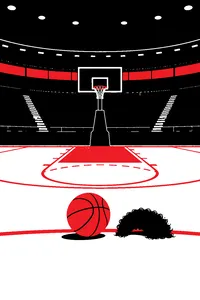 A basketball resting on the free-throw line of an empty arena beside a forgotten curly wig.
