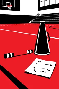 A spirit stick and a megaphone on a gym floor, a folded routine sheet beside them with arrows drawn on it.