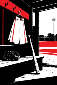 A 1940s wool baseball uniform skirt hanging in a dusty dugout beside a catcher's mitt and a cracked wooden bat.