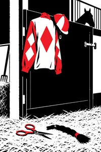 A jockey's silks and helmet hanging on a stable door, a pair of scissors and a cut braid on the straw below.