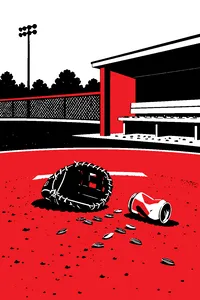 A small baseball glove on a Little League mound next to a crushed beer can, a dugout bench littered with sunflower seeds behind.