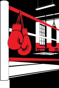 A pair of worn red boxing gloves hanging from the ropes of an empty ring in a gritty gym, fluorescent light overhead.