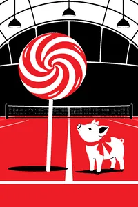 A giant swirled lollipop and a small piglet in a ribbon on a tennis court baseline under dome lights.