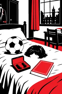 A soccer ball on a boarding-school dorm bed next to a short brown wig, a fake sideburn kit and a paperback of a Shakespeare comedy.