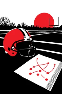 A small football helmet on a frosty Ohio field next to a play diagram scrawled on a napkin full of crisscrossing arrows.