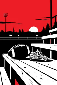 A football and a rhinestone tiara resting together on a wooden bleacher in small-town Oregon at dusk.