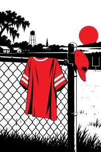 A child's football jersey hanging on a chain-link fence in a small Louisiana town, a backwards red baseball cap on the post.