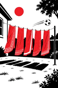 A soccer ball curling past a row of wedding saris hanging on a suburban washing line.