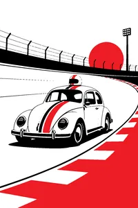 A small white vintage beetle-style car with racing stripes parked alone on a banked oval track, a racing helmet on its roof.