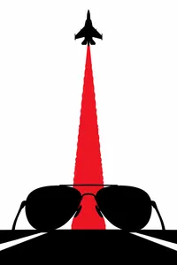 A fighter jet climbing on a red contrail above aviator sunglasses