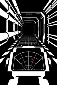 A motion tracker showing one red blip in a dark industrial corridor